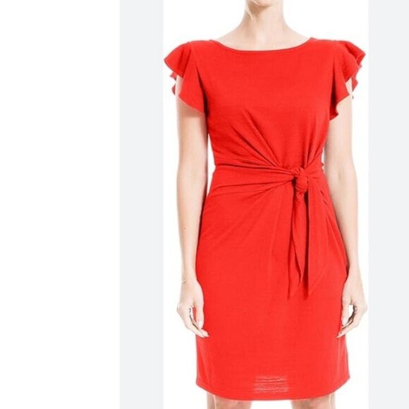 Max Studio Tangerine Red Faux Wrap Tie Waist Flutter Sleeve Mini Dress - Picture 1 of 7